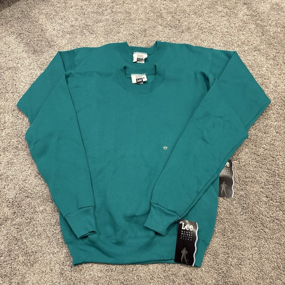 2 Vintage Lee Heavyweight Emerald Green Crewneck Sweatshirts Medium 90s NWT